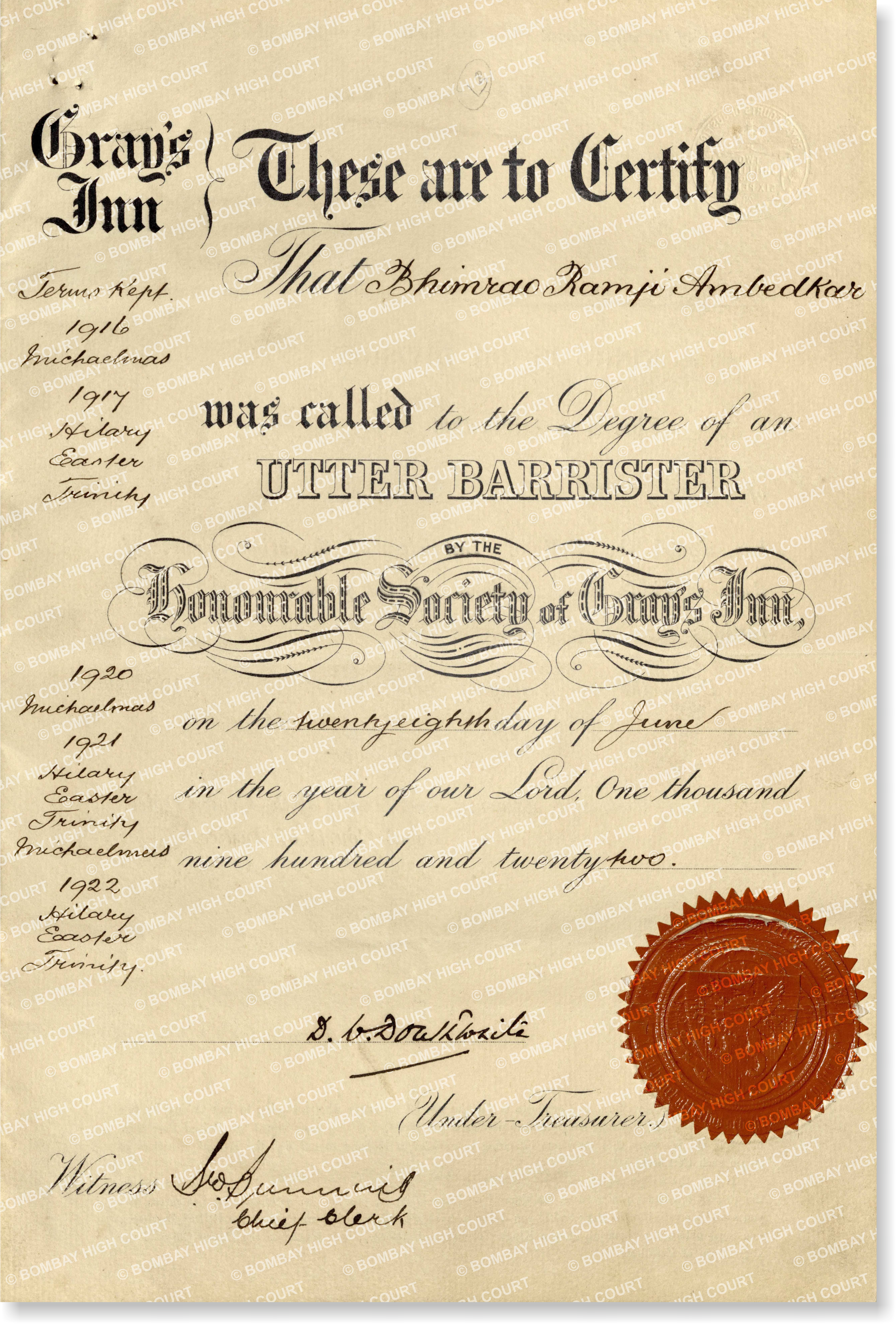Front View Gray's Inn Barrister Certificate