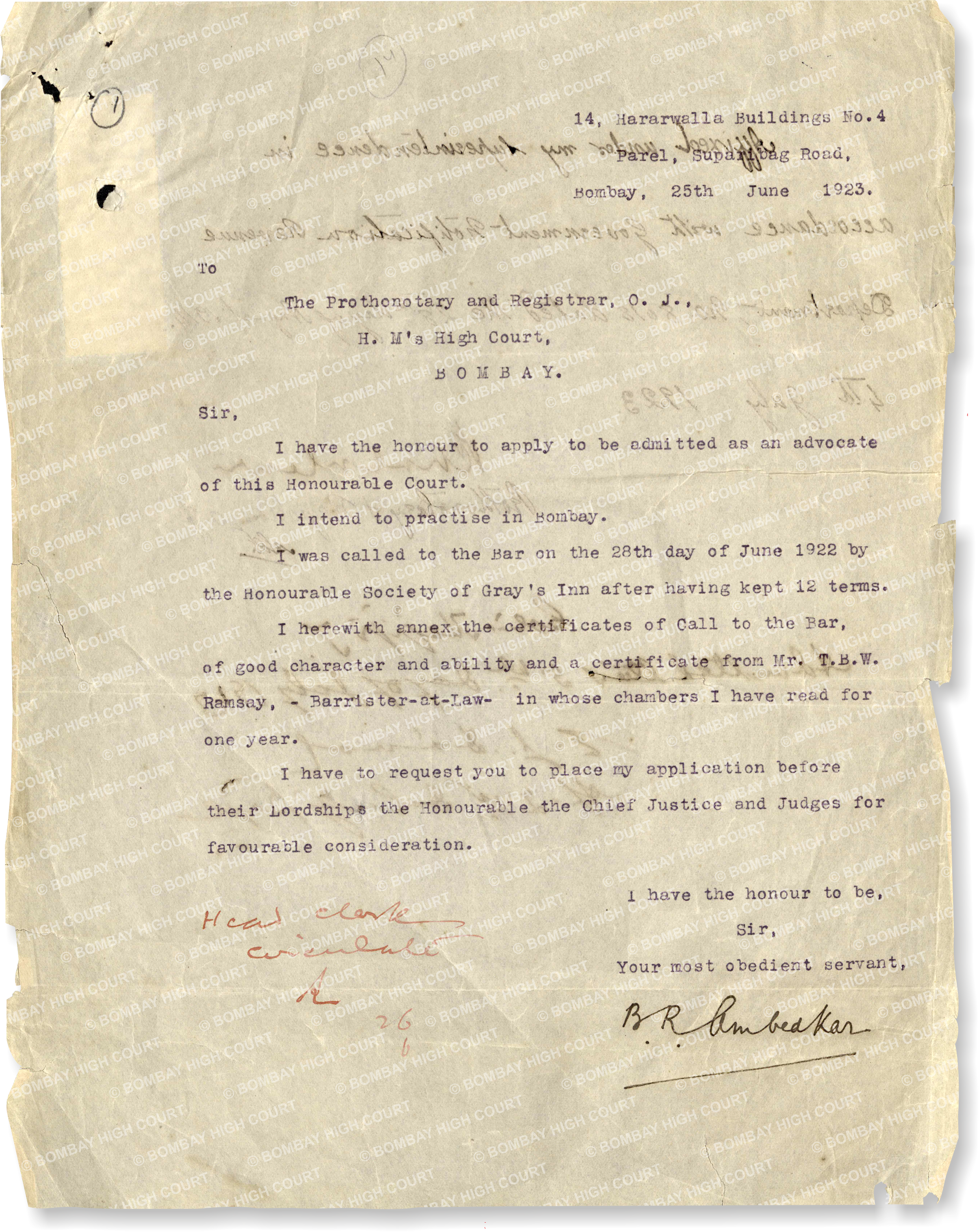 Front View of Application for Admission as Advocate in Bombay High Court