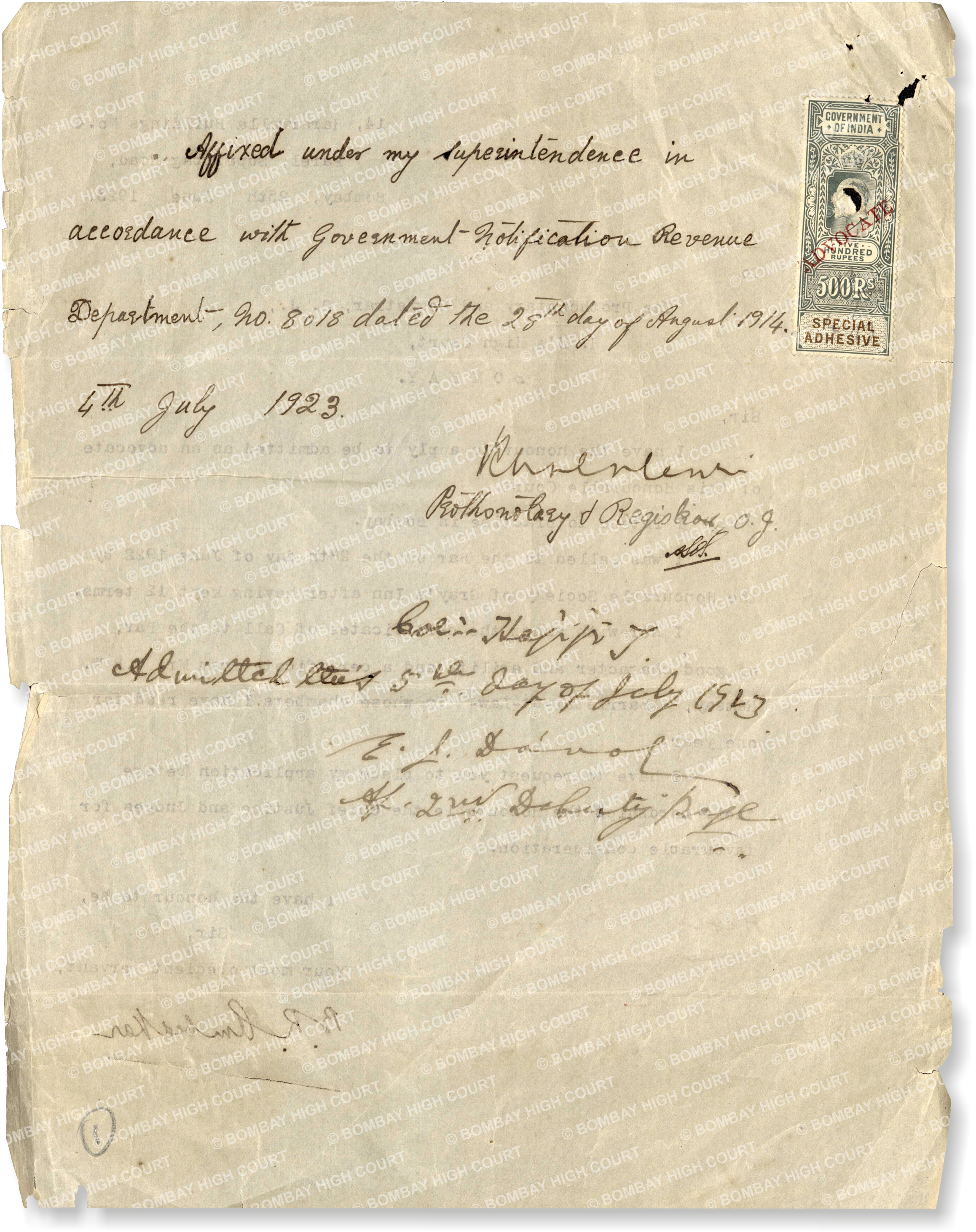 Rear View of Application for Admission as Advocate in Bombay High Court
